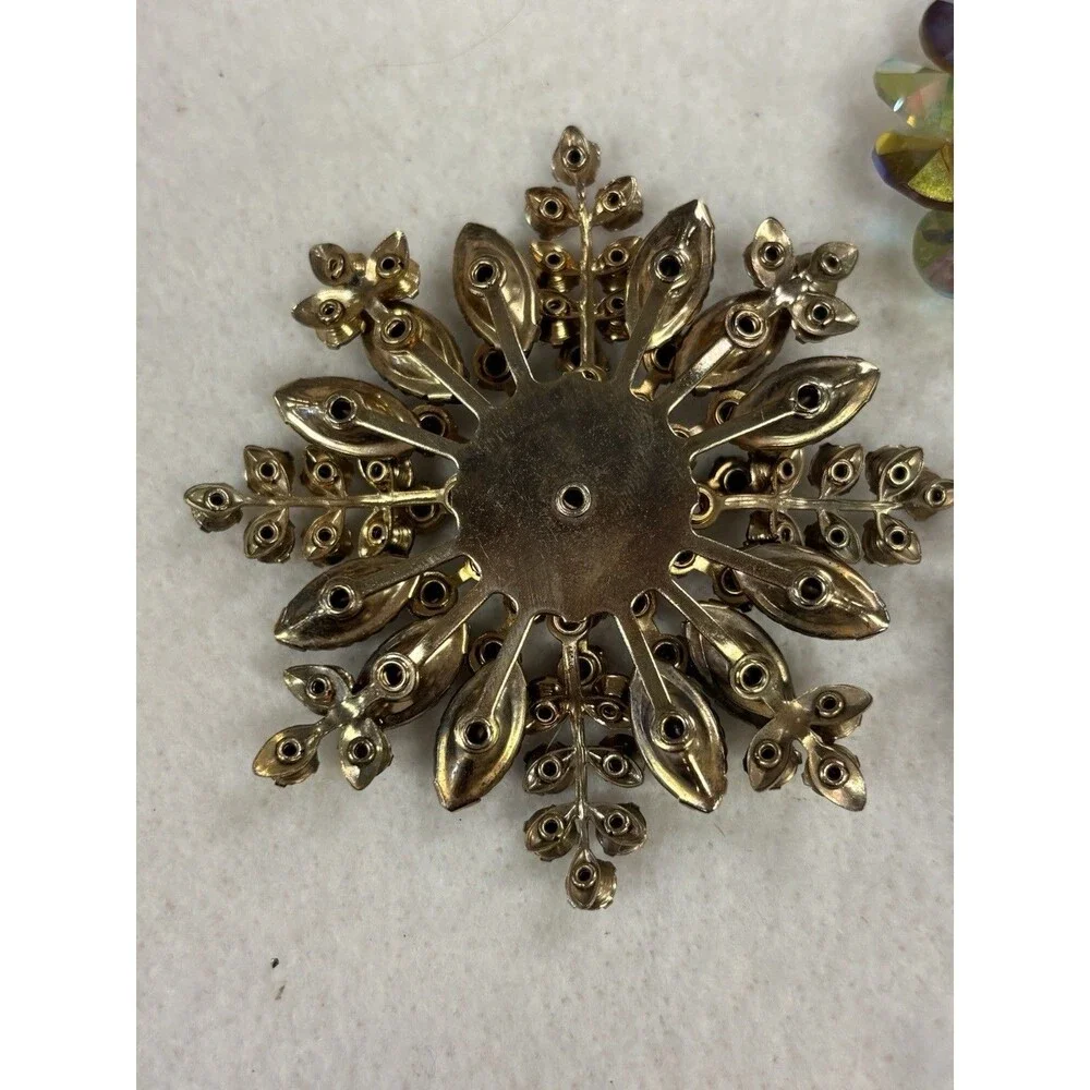 Vintage AB Rhinestone Brooch Lot Atomic Starburst Rivoli Flower Amber Gold Tone